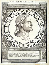 Galba, illustration fra de mest autentiske billeder af de antikke romerske kejsere i øst og vest, træsnit af Rudolph Wyssenbach, trykt af Andreas Gesner, Zürich, 1559 wo